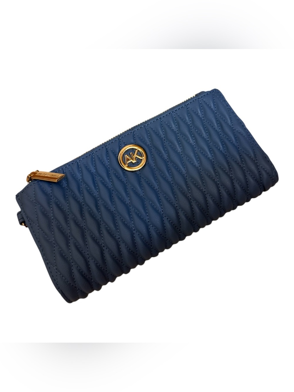 Anne Klein Quilted Blue Zip Wallet with Gold AK Emblem